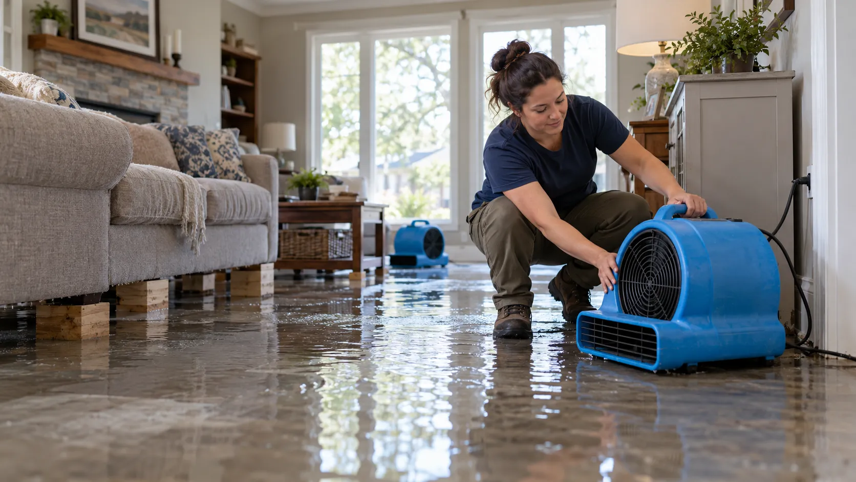 Water damage restoration technician drying a flooded living room in Greensboro